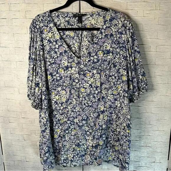 Lane Bryant Blue & white floral blouse ballon sleeves peplum feminine plus size - Picture 1 of 9